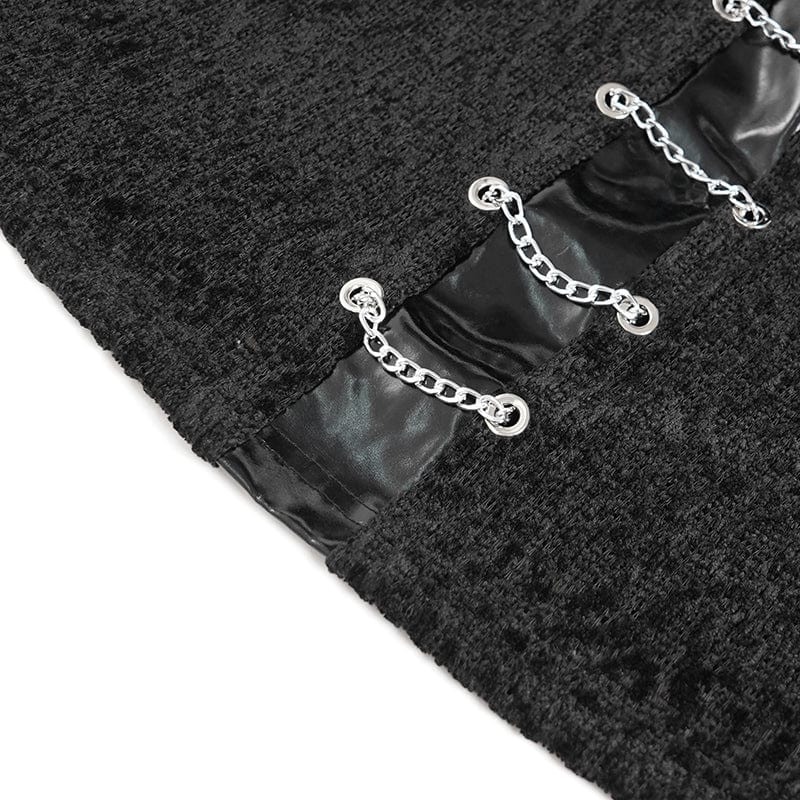 DEVIL FASHION Men's Punk Eyelet Chained Faux Leather Splice Shirt