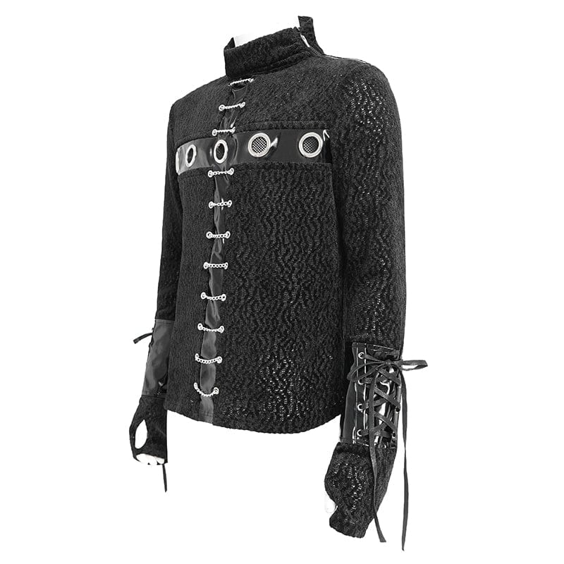 DEVIL FASHION Men's Punk Eyelet Chained Faux Leather Splice Shirt