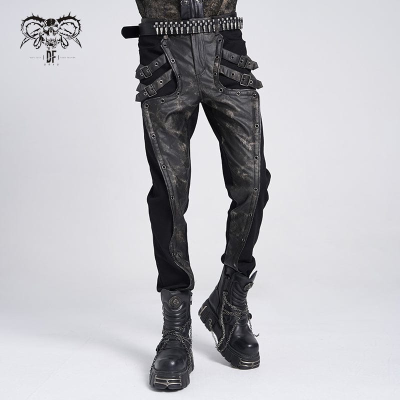 DEVIL FASHION Men's Punk Faux Leather Splice Buckle Pants