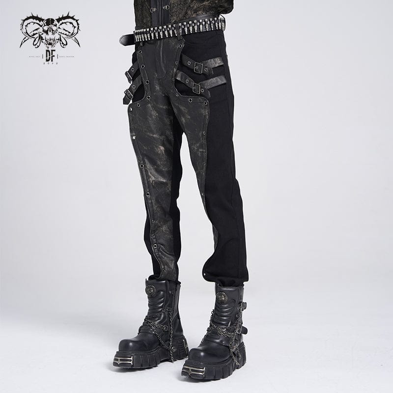 DEVIL FASHION Men's Punk Faux Leather Splice Buckle Pants