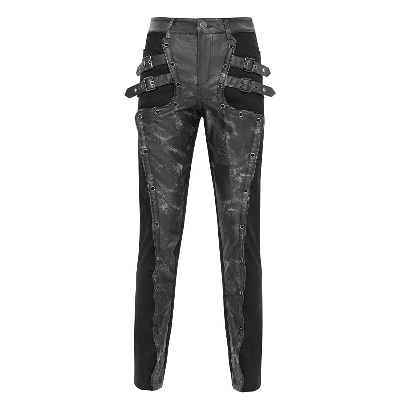 DEVIL FASHION Men's Punk Faux Leather Splice Buckle Pants