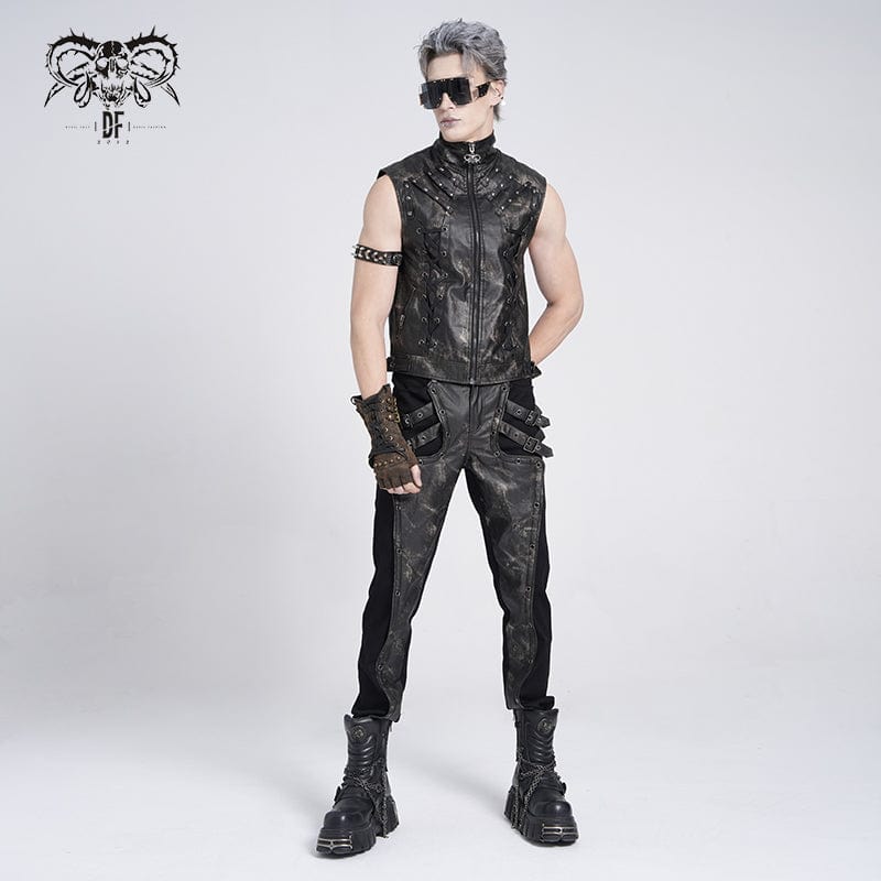 DEVIL FASHION Men's Punk Faux Leather Splice Buckle Pants