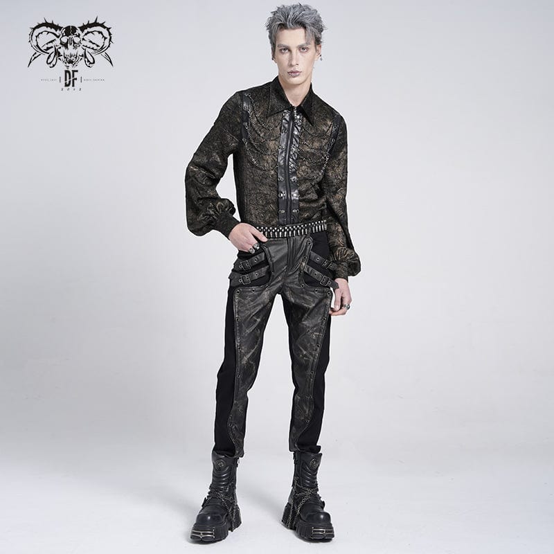 DEVIL FASHION Men's Punk Faux Leather Splice Buckle Pants