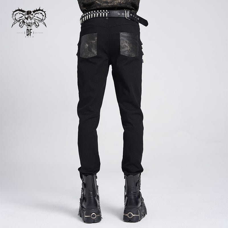 DEVIL FASHION Men's Punk Faux Leather Splice Buckle Pants
