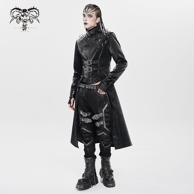 DEVIL FASHION Men's Punk Floral Printed Buckle Strap Rivets Coat