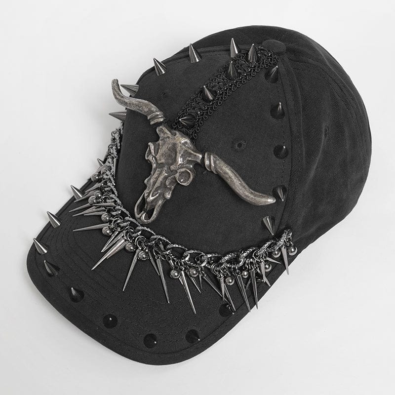 DEVIL FASHION Men's Punk Goat Skull Studded Chained Hat
