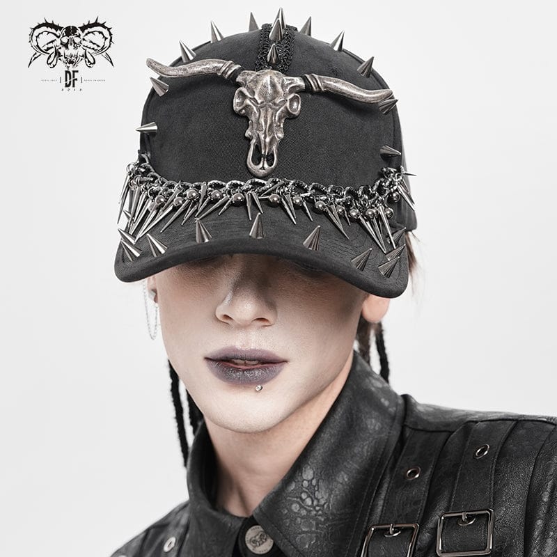 DEVIL FASHION Men's Punk Goat Skull Studded Chained Hat