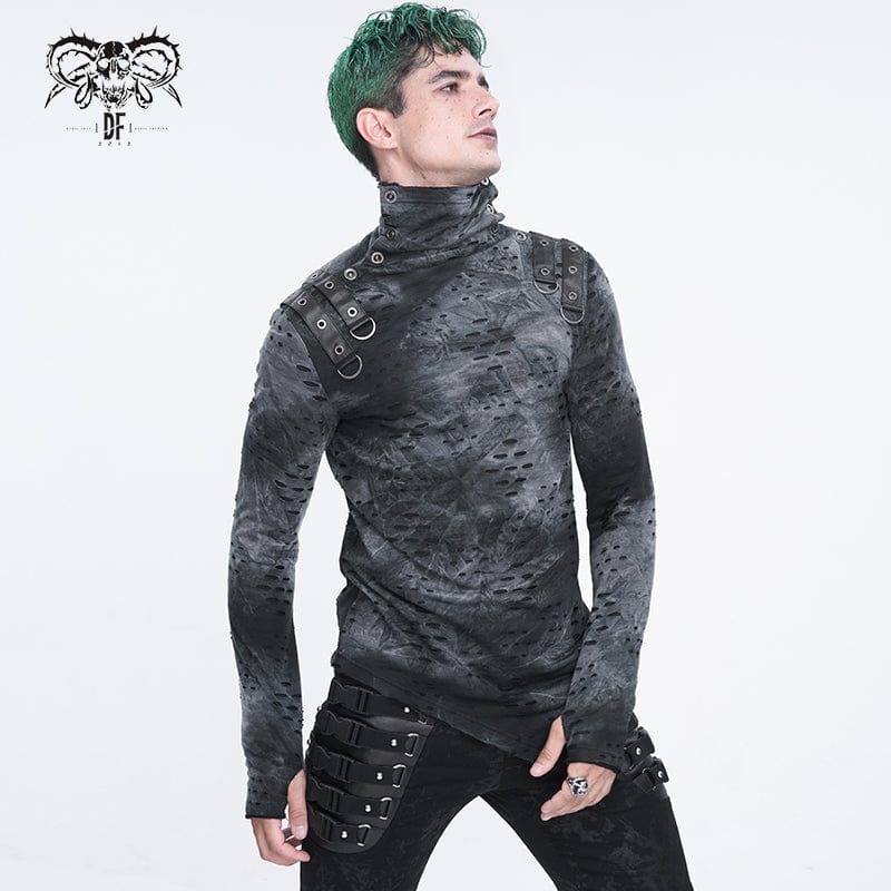 DEVIL FASHION Men's Punk Irregular Stand Collar Ripped Shirt