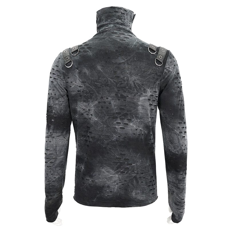 DEVIL FASHION Men's Punk Irregular Stand Collar Ripped Shirt