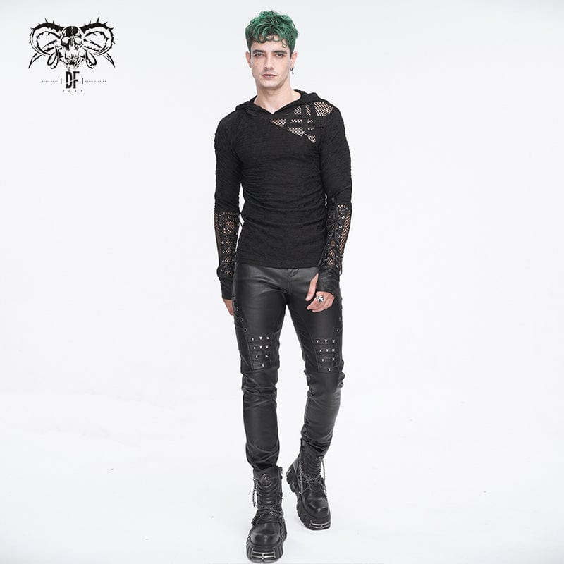 DEVIL FASHION Men's Punk Lace-up Mesh Splice Hoodies