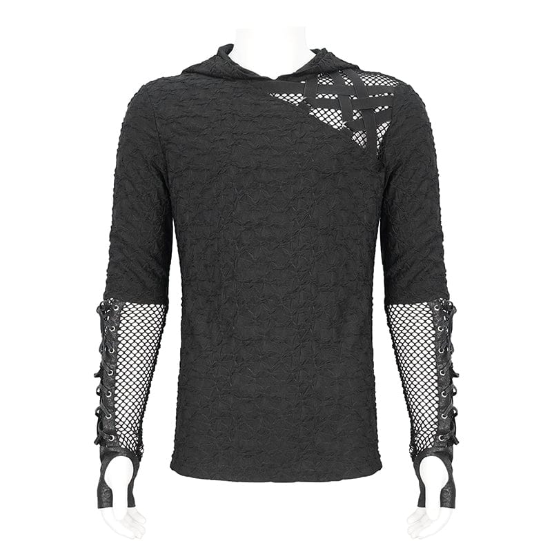 DEVIL FASHION Men's Punk Lace-up Mesh Splice Hoodies