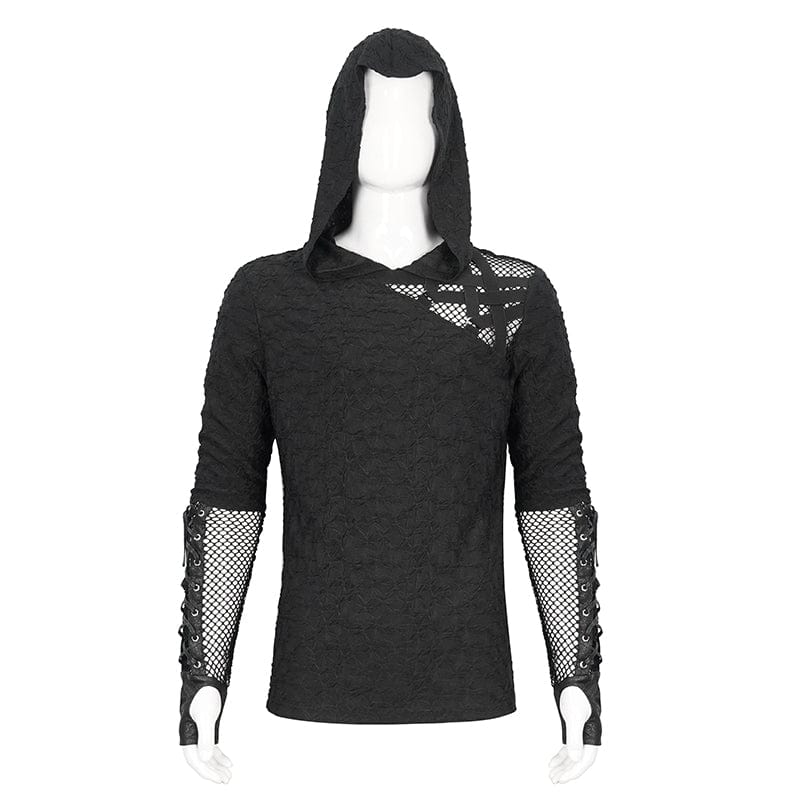 DEVIL FASHION Men's Punk Lace-up Mesh Splice Hoodies