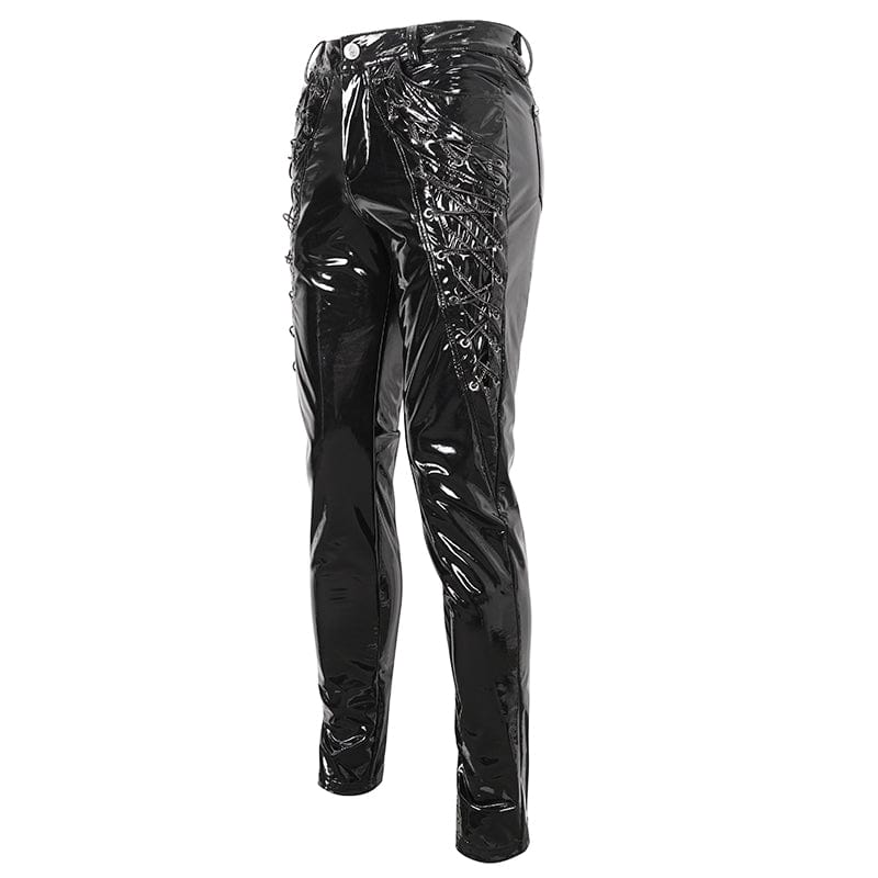 DEVIL FASHION Men's Punk Lace-up Patent Leather Pants
