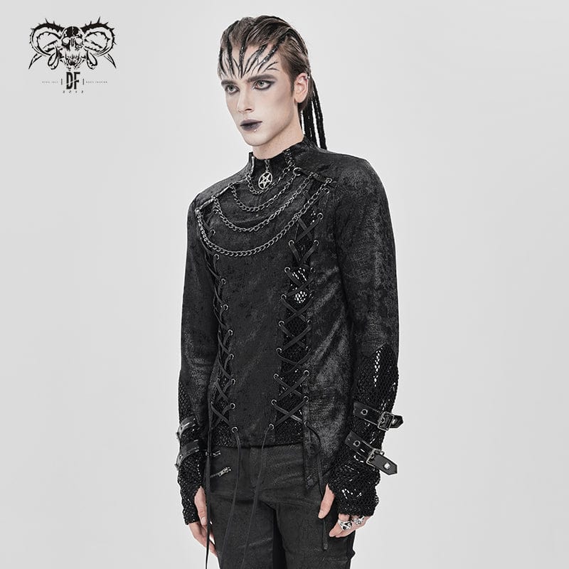 DEVIL FASHION Men's Punk Mesh Splice Lace-up Chained Shirt