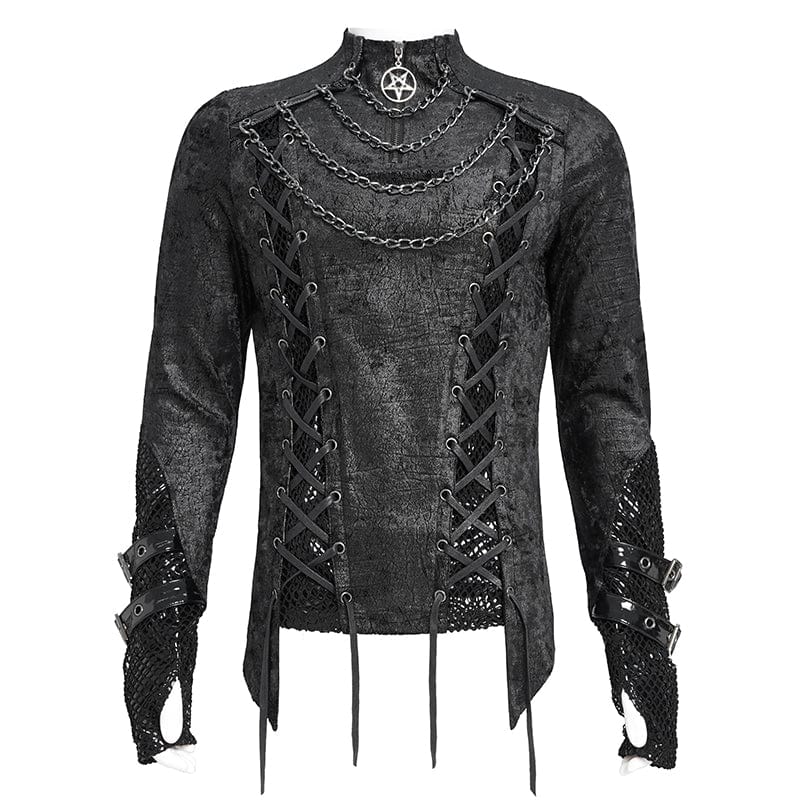 DEVIL FASHION Men's Punk Mesh Splice Lace-up Chained Shirt