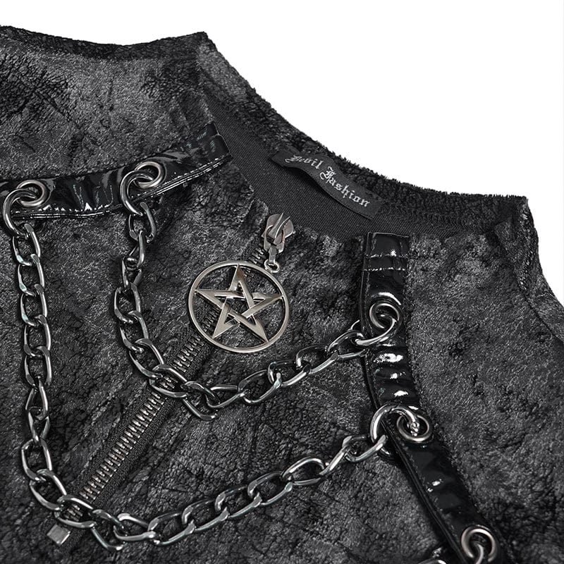 DEVIL FASHION Men's Punk Mesh Splice Lace-up Chained Shirt