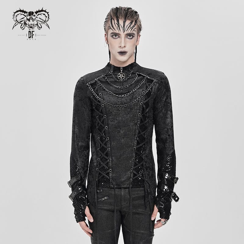 DEVIL FASHION Men's Punk Mesh Splice Lace-up Chained Shirt