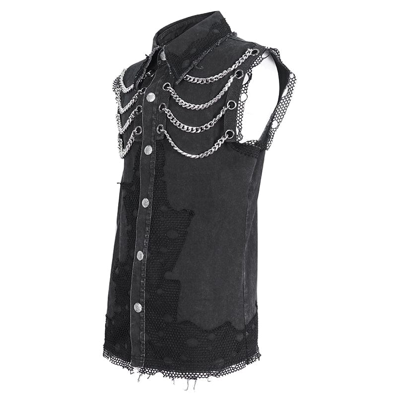 DEVIL FASHION Men's Punk Multi-chain Distressed Vest