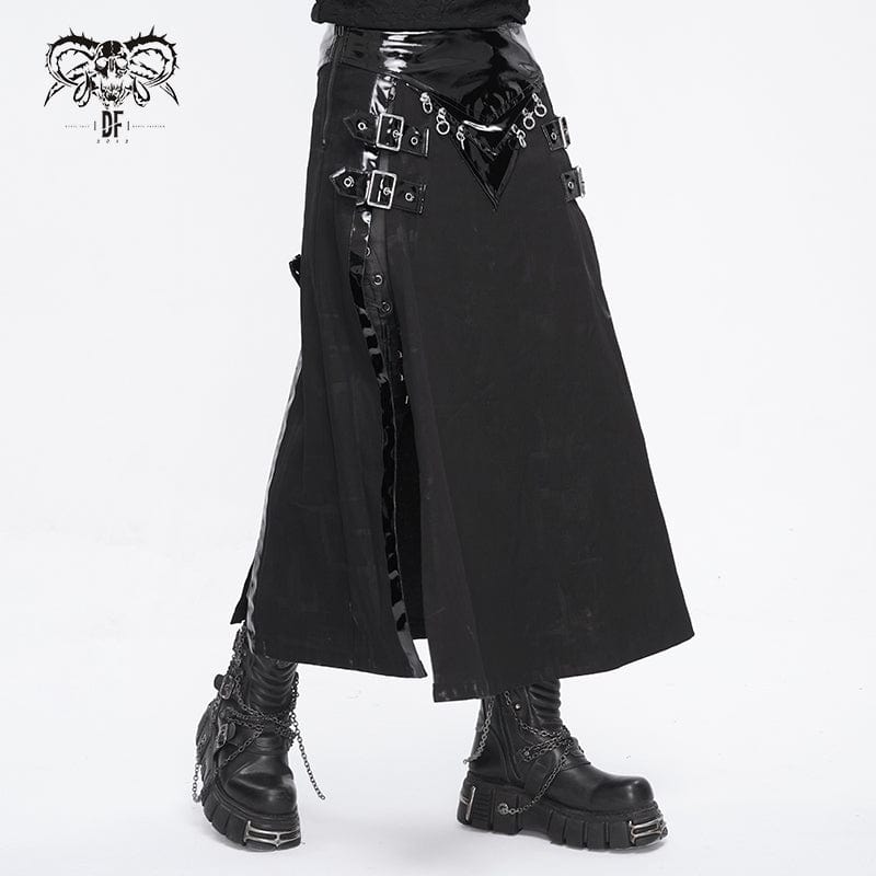 DEVIL FASHION Men's Punk Patent Leather Splice Split Skirt