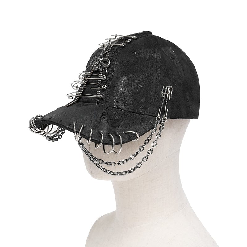 DEVIL FASHION Men's Punk Ring Safety Pin Chained Hat