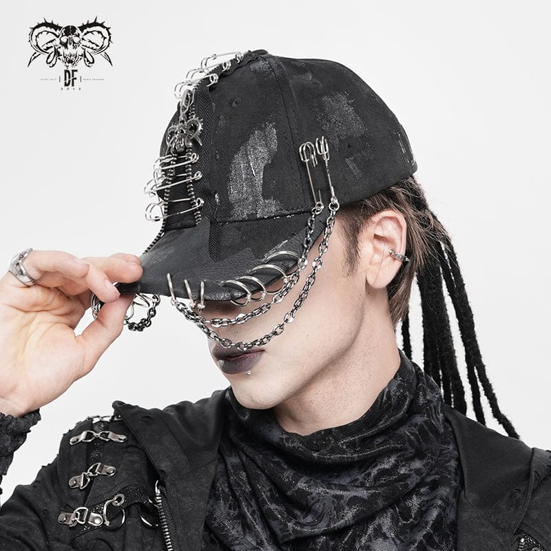 DEVIL FASHION Men's Punk Ring Safety Pin Chained Hat