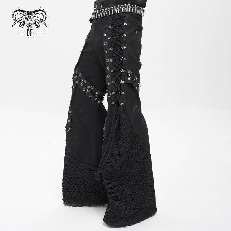 DEVIL FASHION Men's Punk Ripped Mesh Splice Lace-up Baggy Trousers