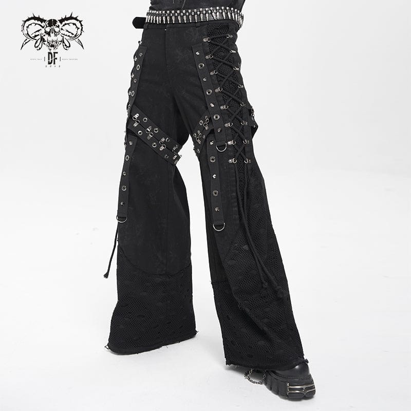 DEVIL FASHION Men's Punk Ripped Mesh Splice Lace-up Baggy Trousers