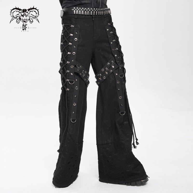 DEVIL FASHION Men's Punk Ripped Mesh Splice Lace-up Baggy Trousers