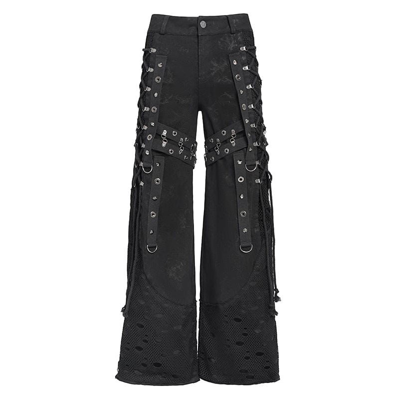DEVIL FASHION Men's Punk Ripped Mesh Splice Lace-up Baggy Trousers