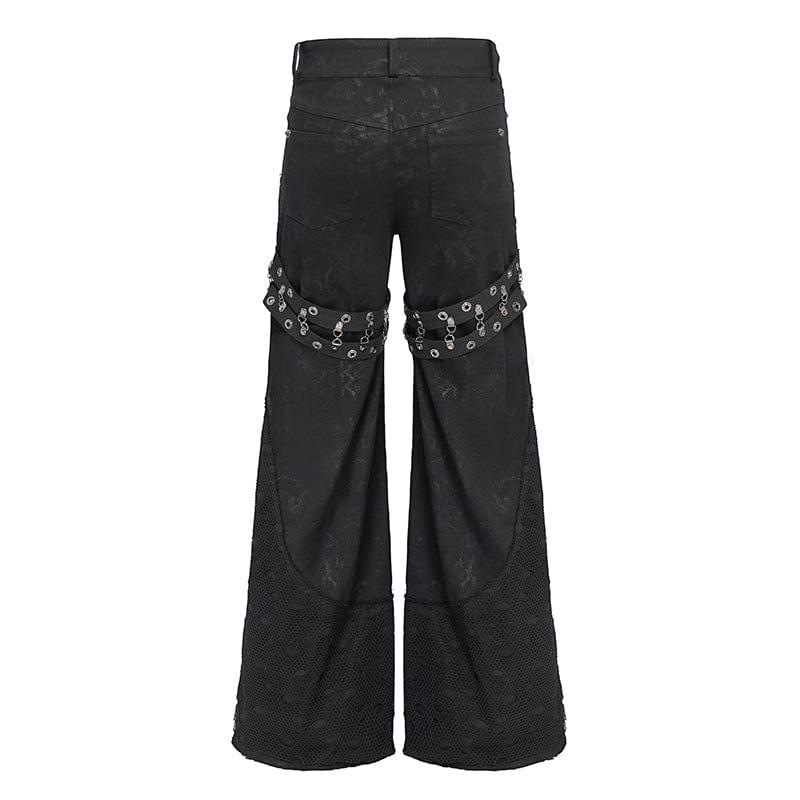 DEVIL FASHION Men's Punk Ripped Mesh Splice Lace-up Baggy Trousers