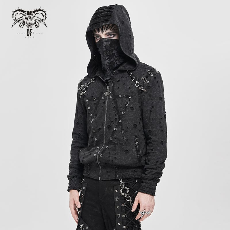 DEVIL FASHION Men's Punk Ripped Pleated Hexagram Printed Coat