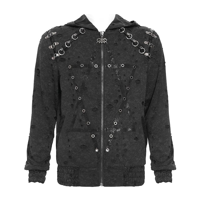 DEVIL FASHION Men's Punk Ripped Pleated Hexagram Printed Coat