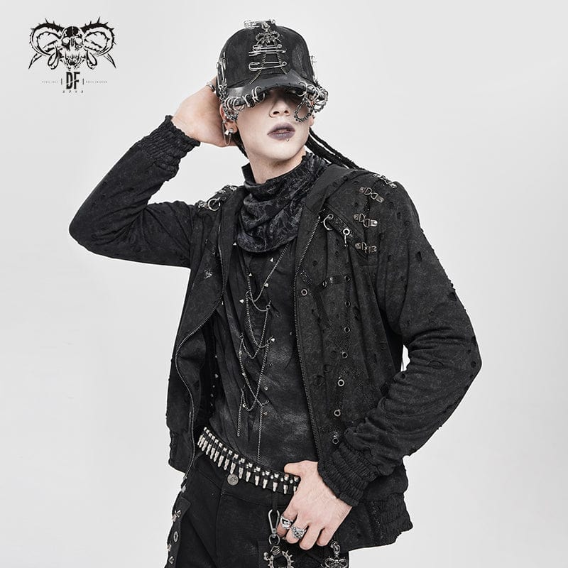 DEVIL FASHION Men's Punk Ripped Pleated Hexagram Printed Coat