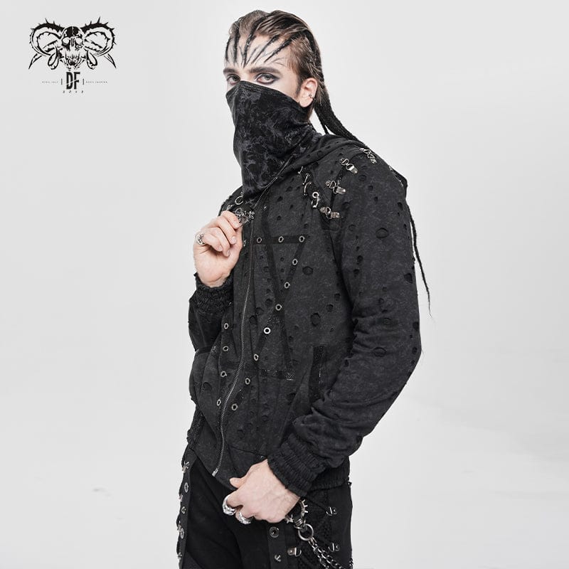 DEVIL FASHION Men's Punk Ripped Pleated Hexagram Printed Coat