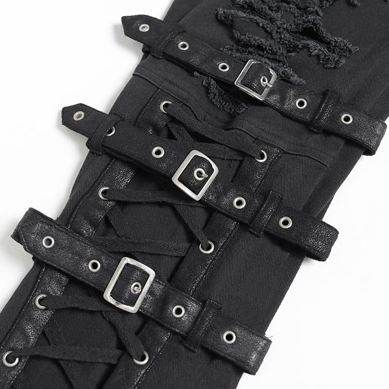 DEVIL FASHION Men's Punk Ripped Straps Straight-leg Pants