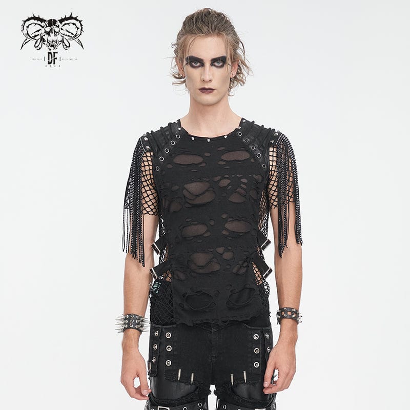 DEVIL FASHION Men's Punk Ripped Tassels Mesh Splice T-shirt