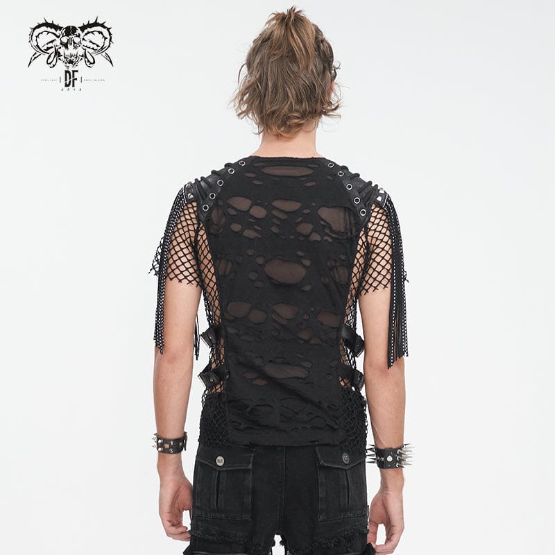 DEVIL FASHION Men's Punk Ripped Tassels Mesh Splice T-shirt