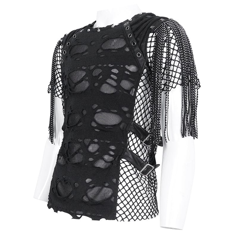 DEVIL FASHION Men's Punk Ripped Tassels Mesh Splice T-shirt