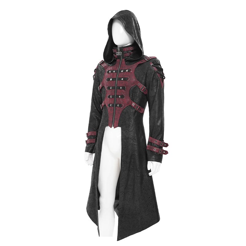 DEVIL FASHION Men's Punk Rivet Buckle Strap Hooded Jacket Black