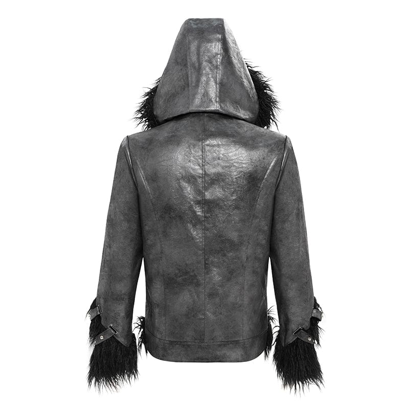 DEVIL FASHION Men's Punk Rivet Strap Plush Splice Hooded Coat