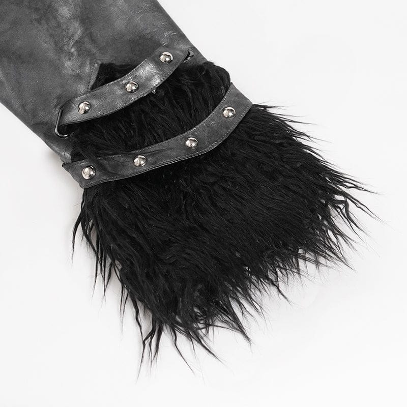 DEVIL FASHION Men's Punk Rivet Strap Plush Splice Hooded Coat