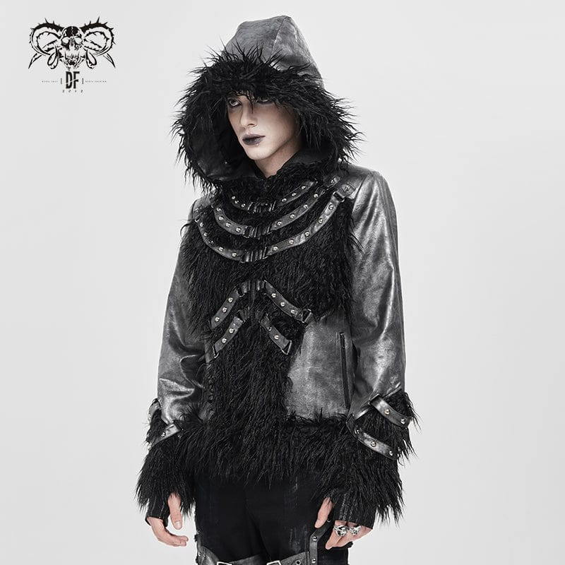 DEVIL FASHION Men's Punk Rivet Strap Plush Splice Hooded Coat