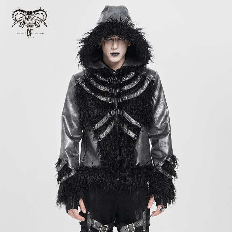 DEVIL FASHION Men's Punk Rivet Strap Plush Splice Hooded Coat