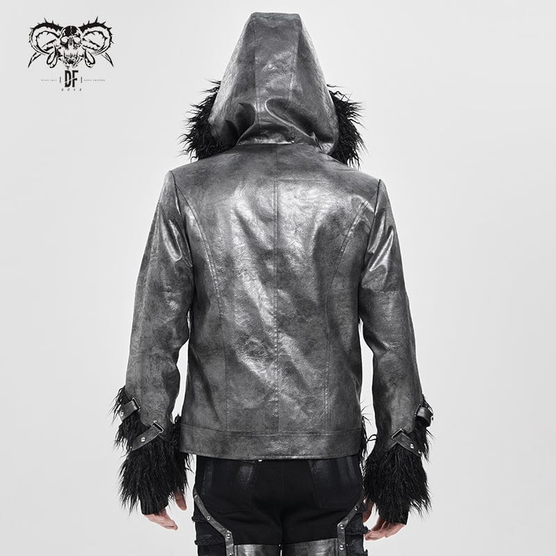 DEVIL FASHION Men's Punk Rivet Strap Plush Splice Hooded Coat