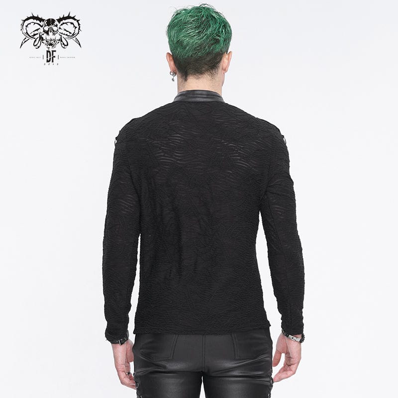 DEVIL FASHION Men's Punk Stand Collar Mesh Splice Shirt