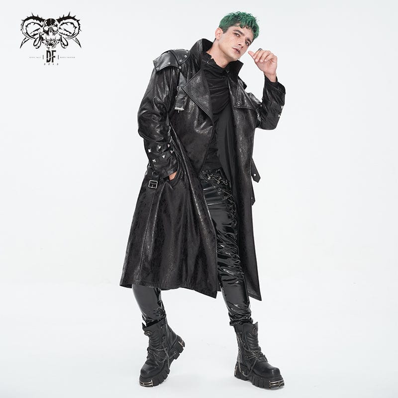 DEVIL FASHION Men's Punk Stand Collar Multi-buckle Faux Leather Coat Black