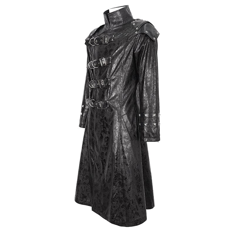 DEVIL FASHION Men's Punk Stand Collar Multi-buckle Faux Leather Coat Black