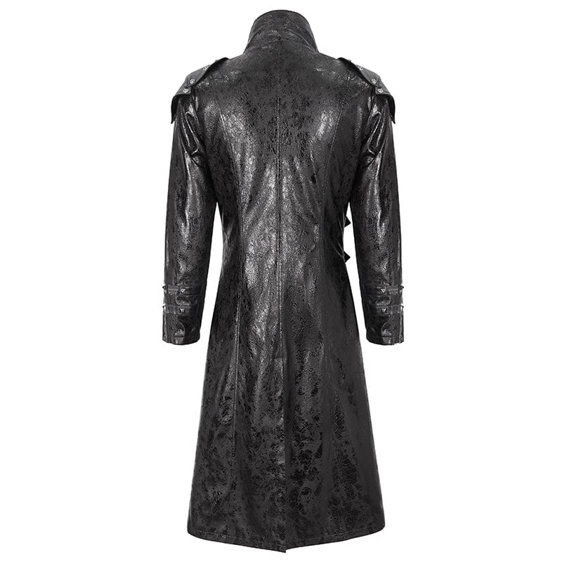 DEVIL FASHION Men's Punk Stand Collar Multi-buckle Faux Leather Coat Black