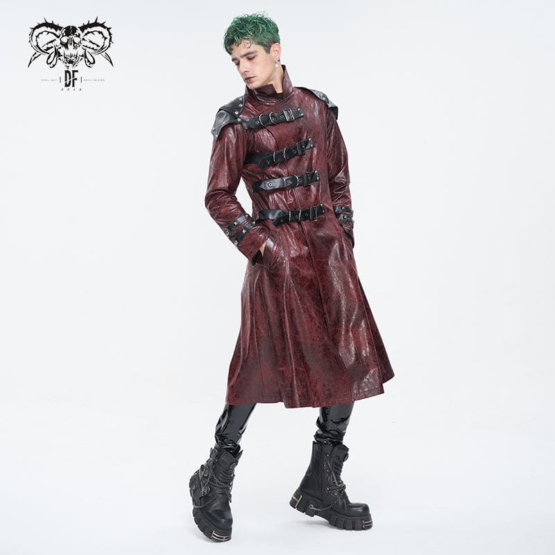 DEVIL FASHION Men's Punk Stand Collar Multi-buckle Faux Leather Coat Red