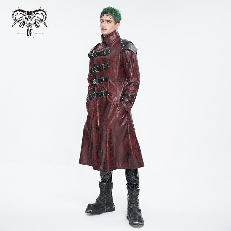 DEVIL FASHION Men's Punk Stand Collar Multi-buckle Faux Leather Coat Red